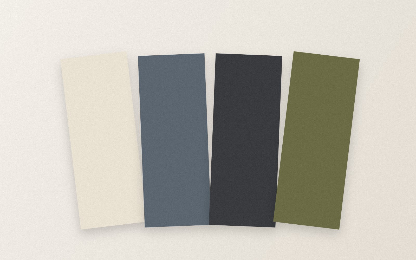 Four rectangular colour swatches in cream, blue-grey, dark grey, and green.